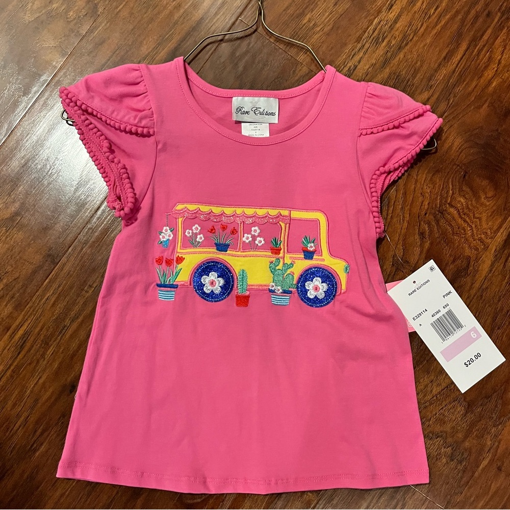 Rare Editions Pink Tee with Embroidered Bus